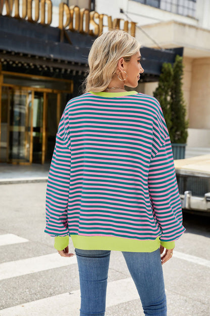Striped Color-Block Long-Sleeve Top - Multi-Color Casual Women's T-Shirt