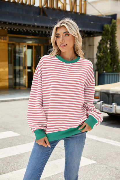 Striped Color-Block Long-Sleeve Top - Multi-Color Casual Women's T-Shirt