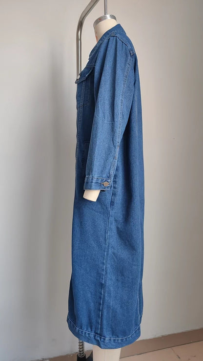 Classic Long Denim Coat - Blue Trench-Style Women's Outerwear