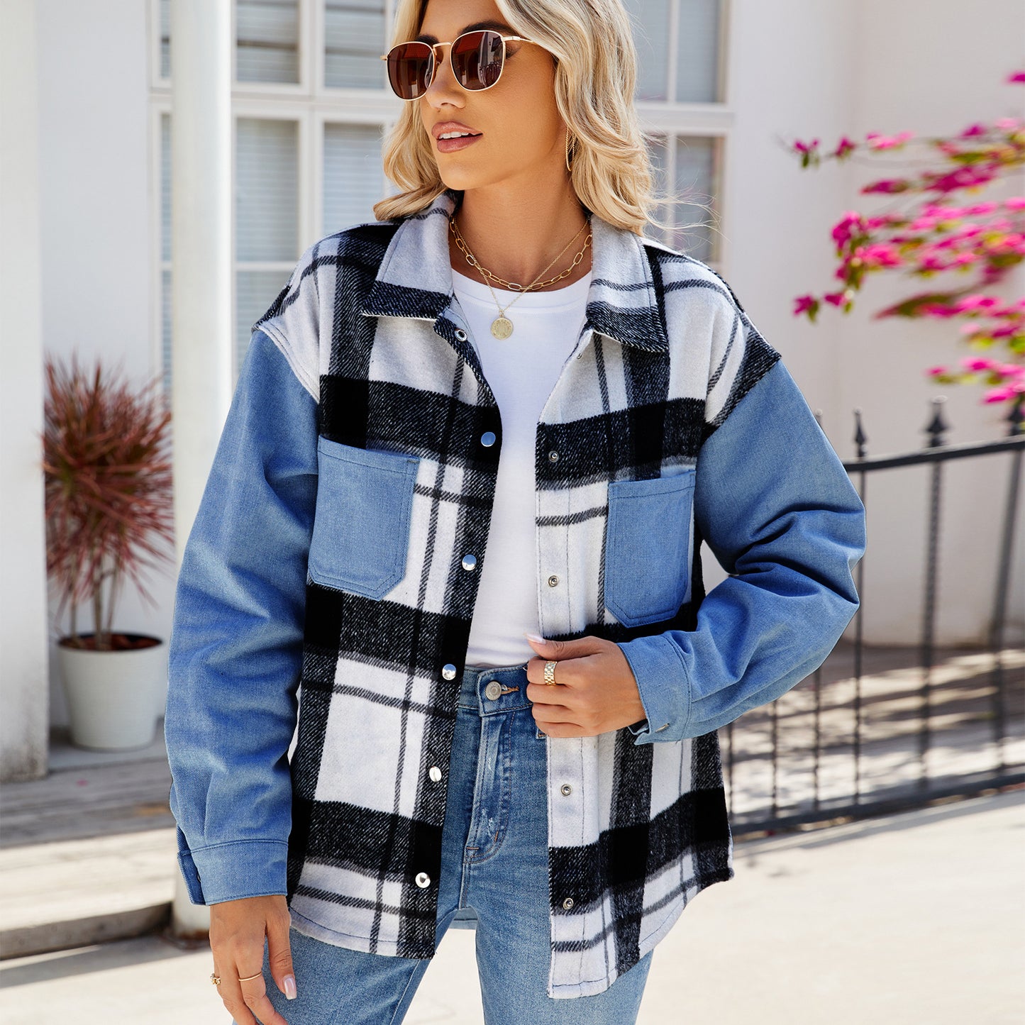 Plaid Patchwork Denim Shirt - Women's Loose Long-Sleeve Outerwear