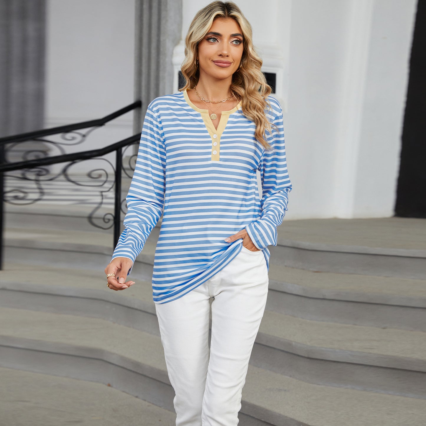 Striped Color-Block V-Neck Long-Sleeve Top - Multi-Color Button Women's T-Shirt