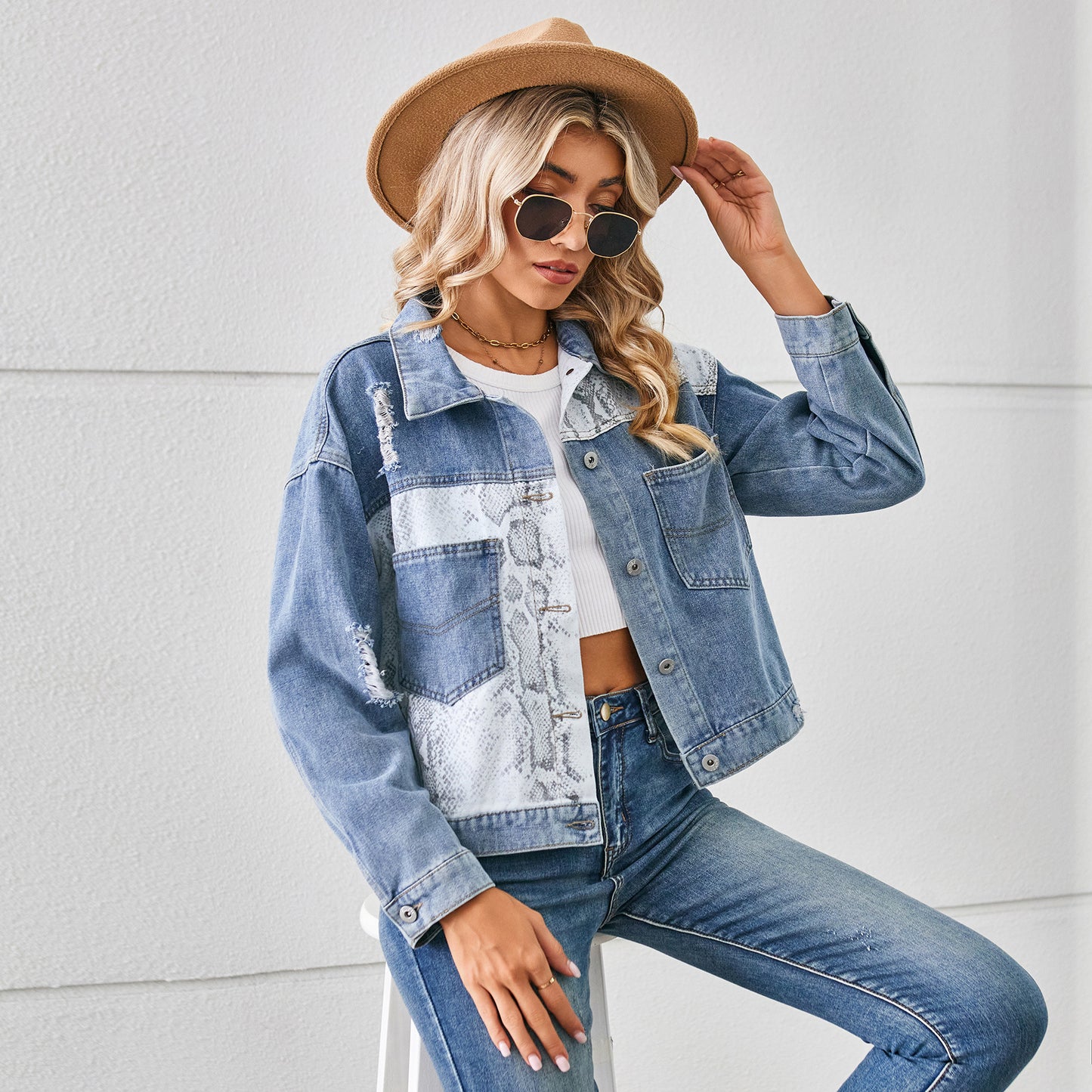 Animal Print Patchwork Denim Jacket - Women's Printed Short Outerwear