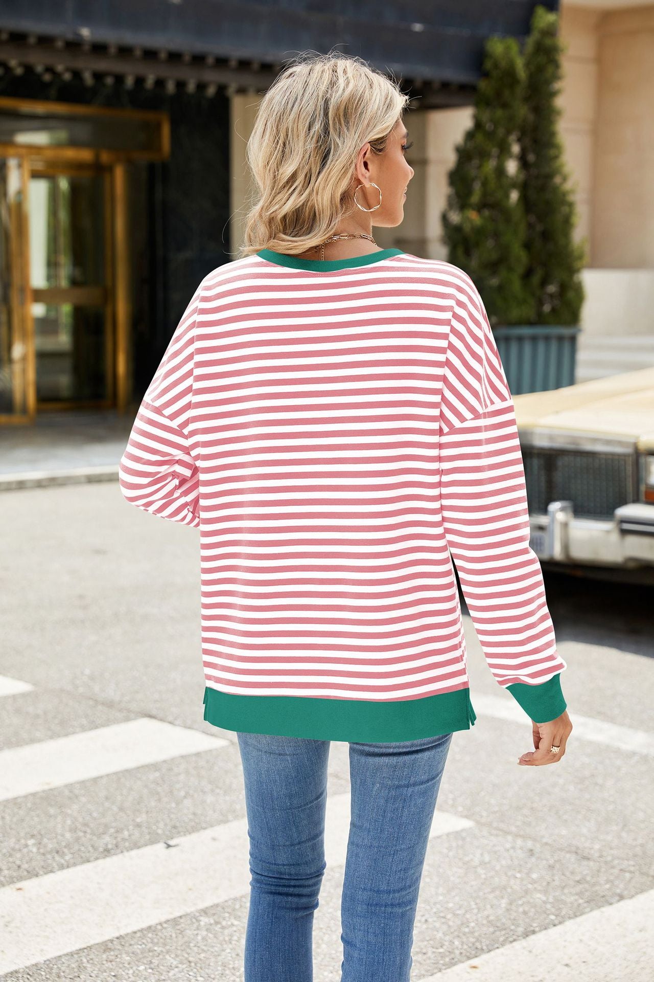 Striped Color-Block Slit Long-Sleeve Top - Multi-Color Casual Women's T-Shirt