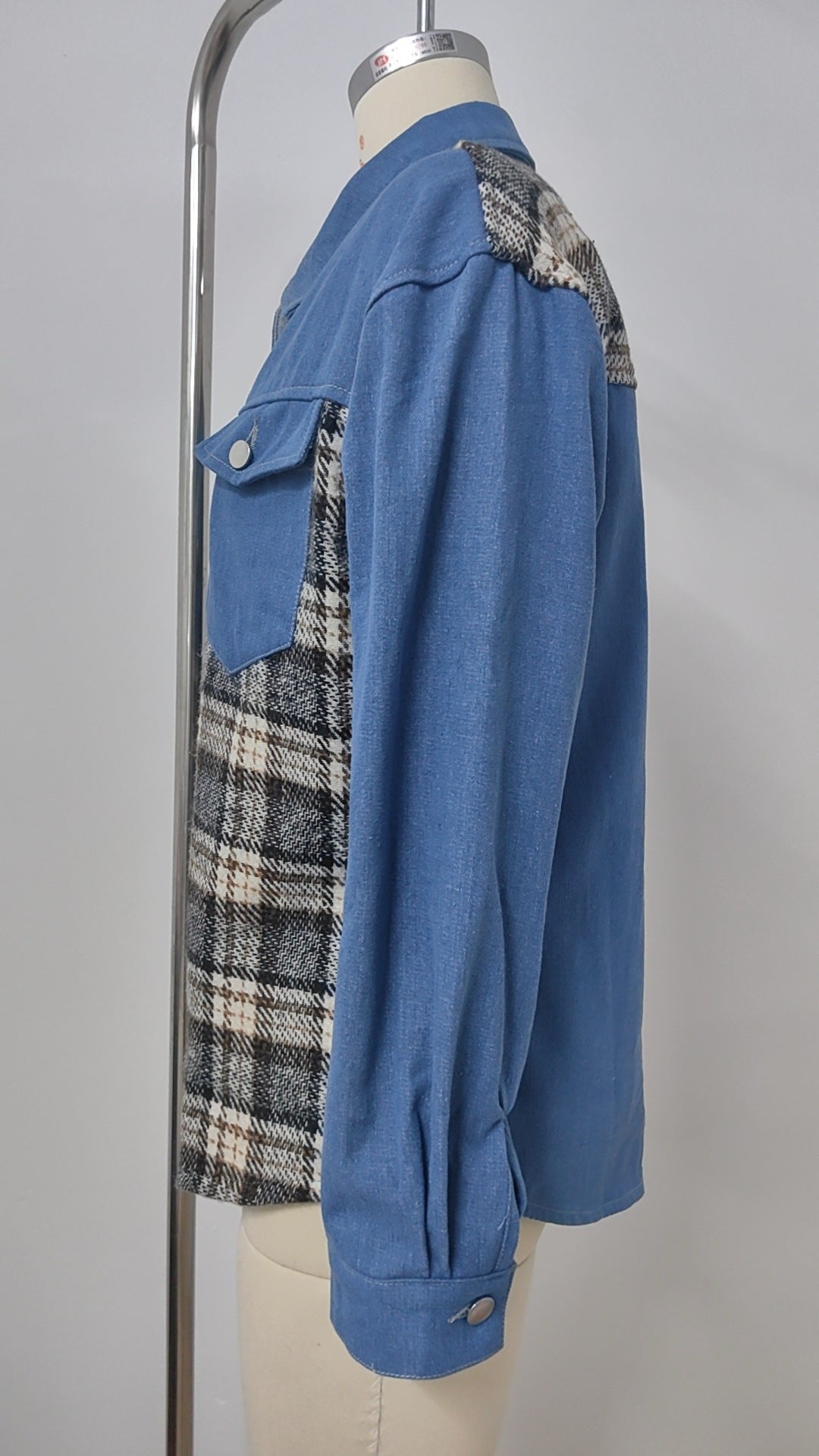 Plaid Patchwork Denim Jacket - Women's Loose Long-Sleeve Outerwear