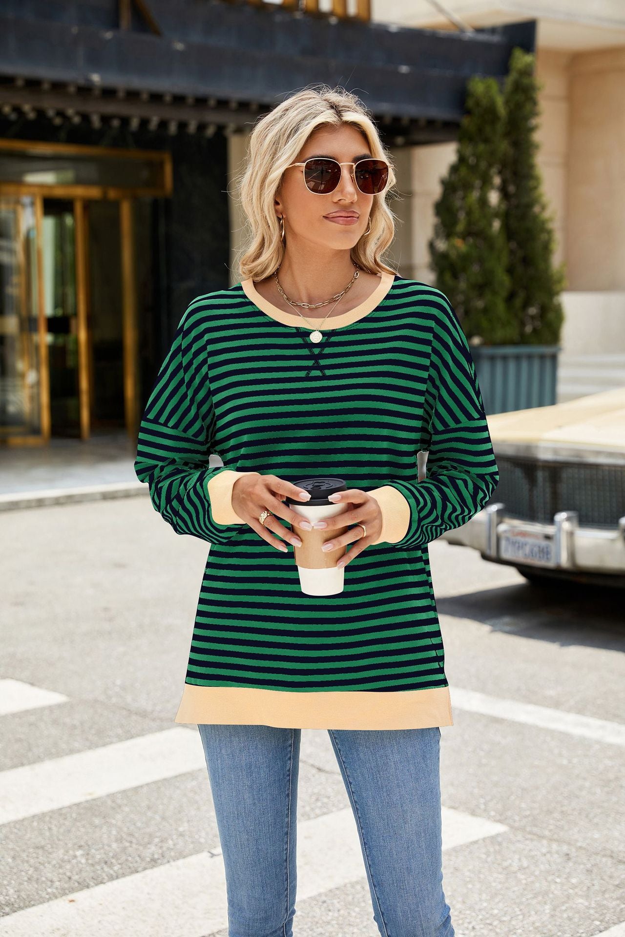 Striped Color-Block Slit Long-Sleeve Top - Multi-Color Casual Women's T-Shirt