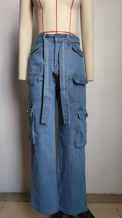 Belted Multi-Pocket Cargo Pant - Women's Loose Straight-Leg Trousers