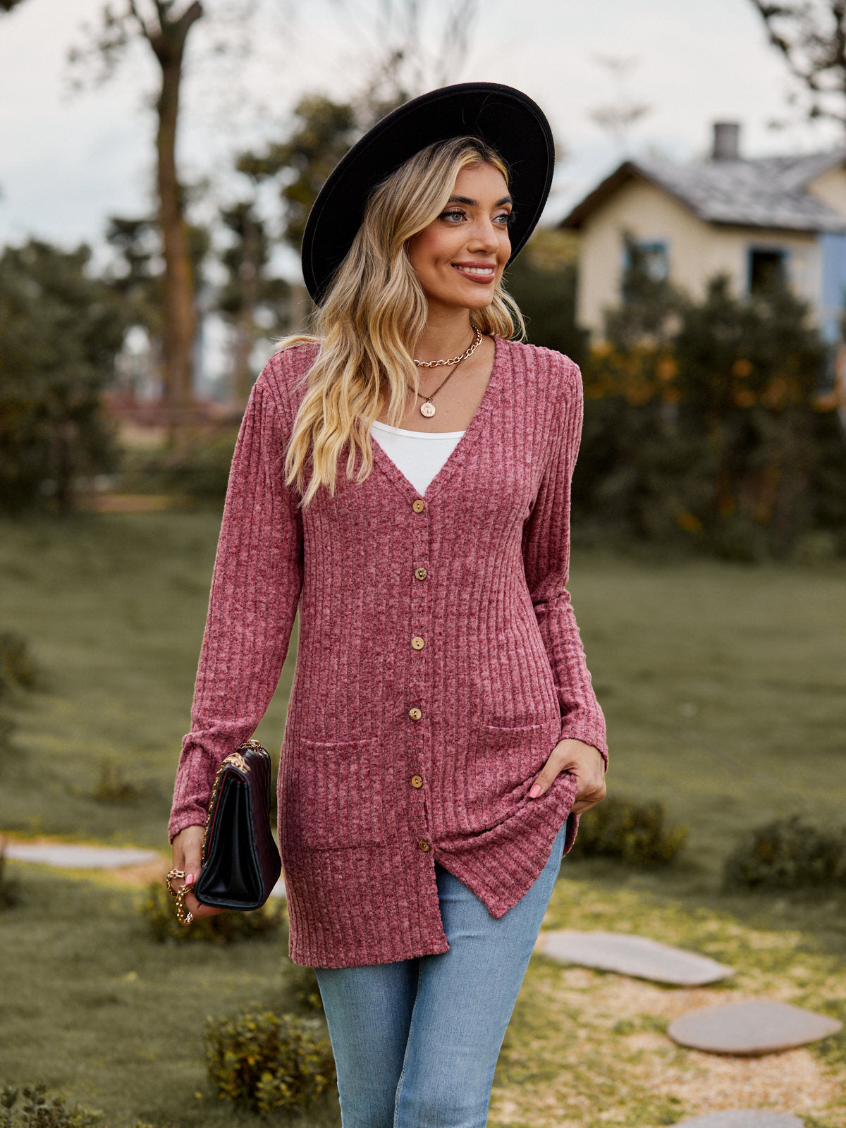 Rib - Knit Cardigan - Multi - Color Long Women's Knitwear