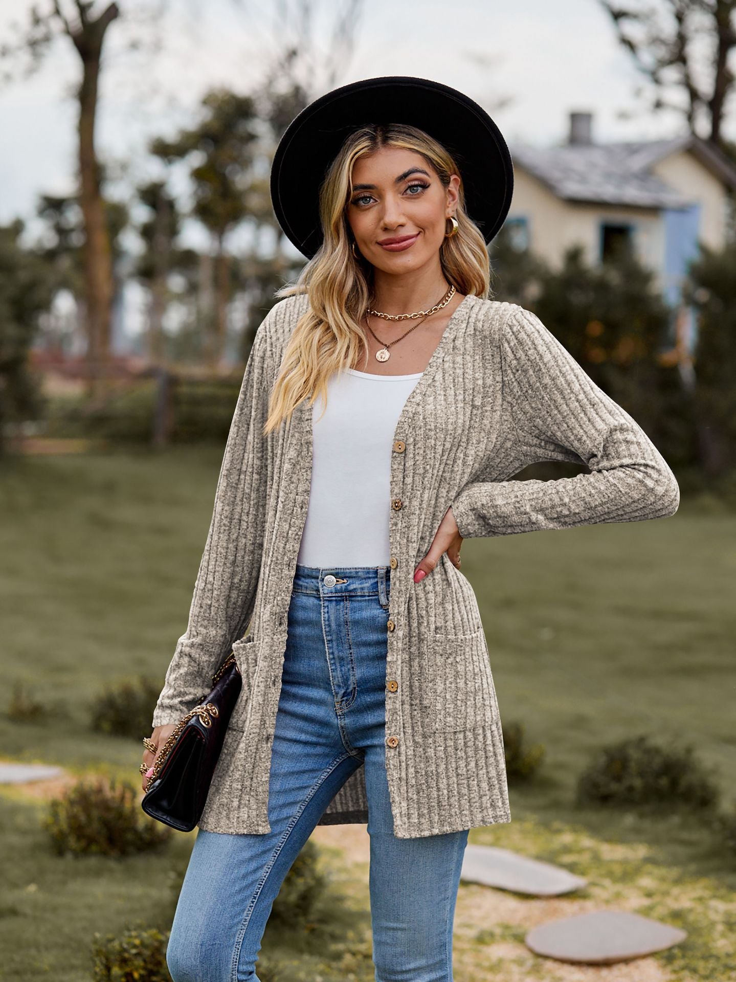 Rib - Knit Cardigan - Multi - Color Long Women's Knitwear