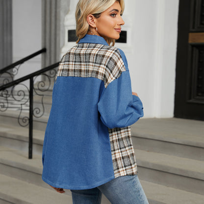 Plaid Patchwork Denim Jacket - Women's Loose Long-Sleeve Outerwear
