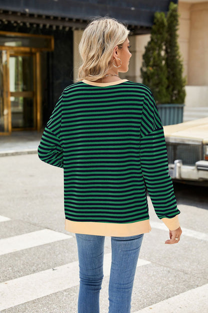 Striped Color-Block Slit Long-Sleeve Top - Multi-Color Casual Women's T-Shirt