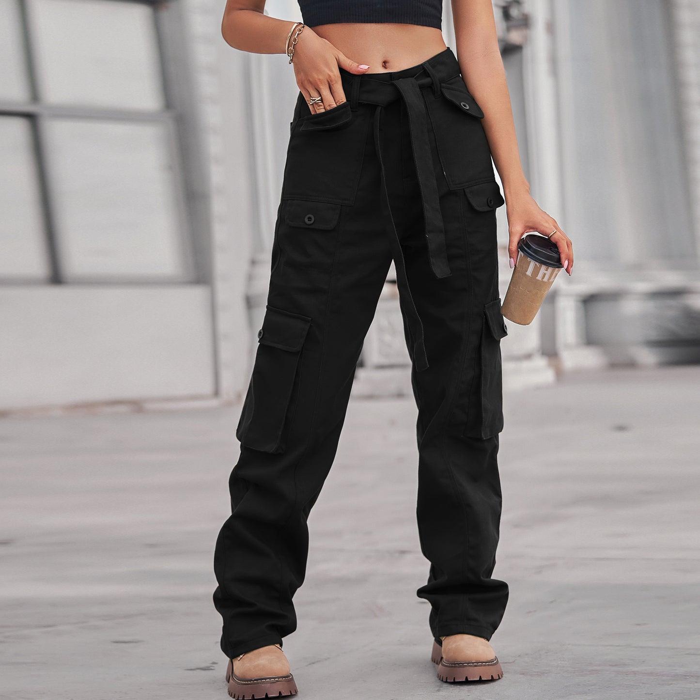 Belted Multi-Pocket Cargo Pant - Women's Loose Straight-Leg Trousers