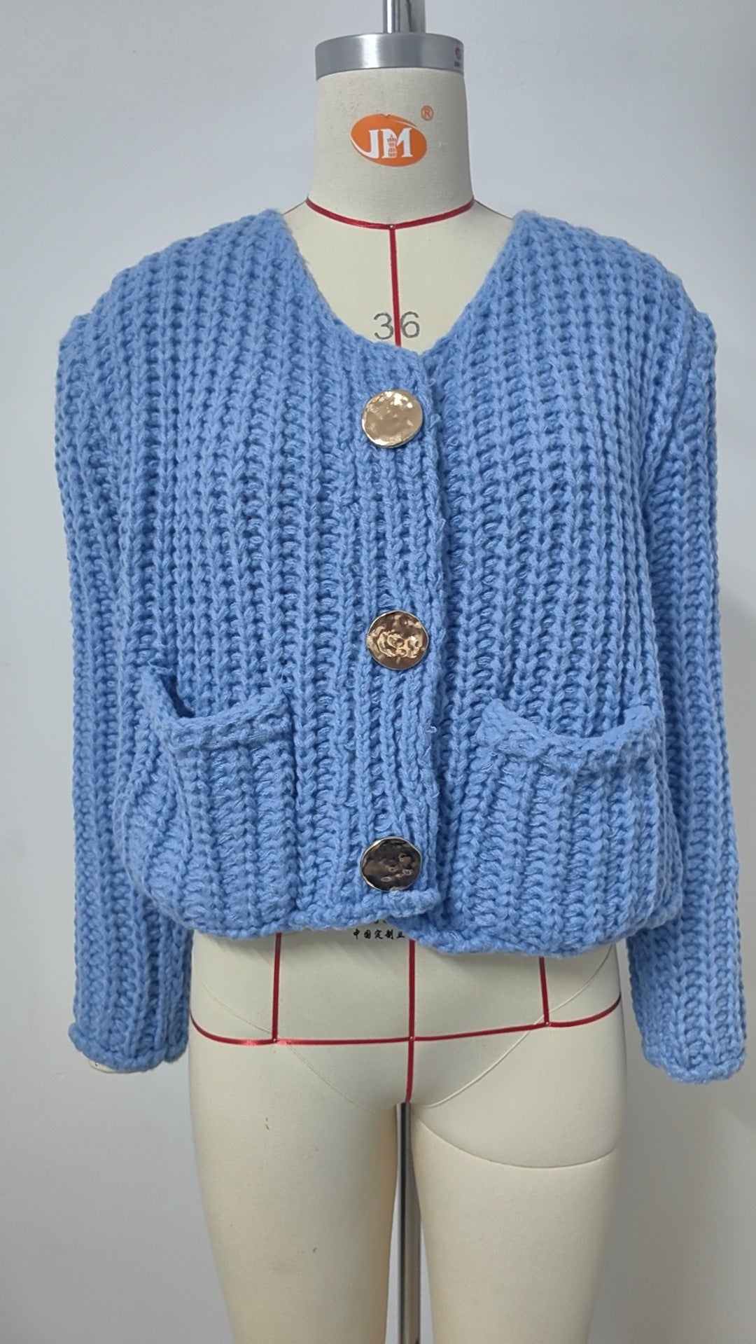 Chunky Knit Cardigan - Short Women's Knitwear with Gold Buttons