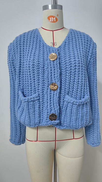 Chunky Knit Cardigan - Short Women's Knitwear with Gold Buttons