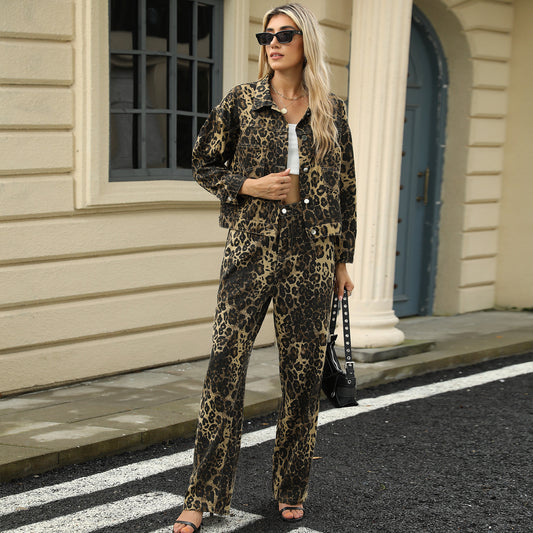 Leopard Print Set - Two-Piece Women's Outfit (Outerwear + Pant)