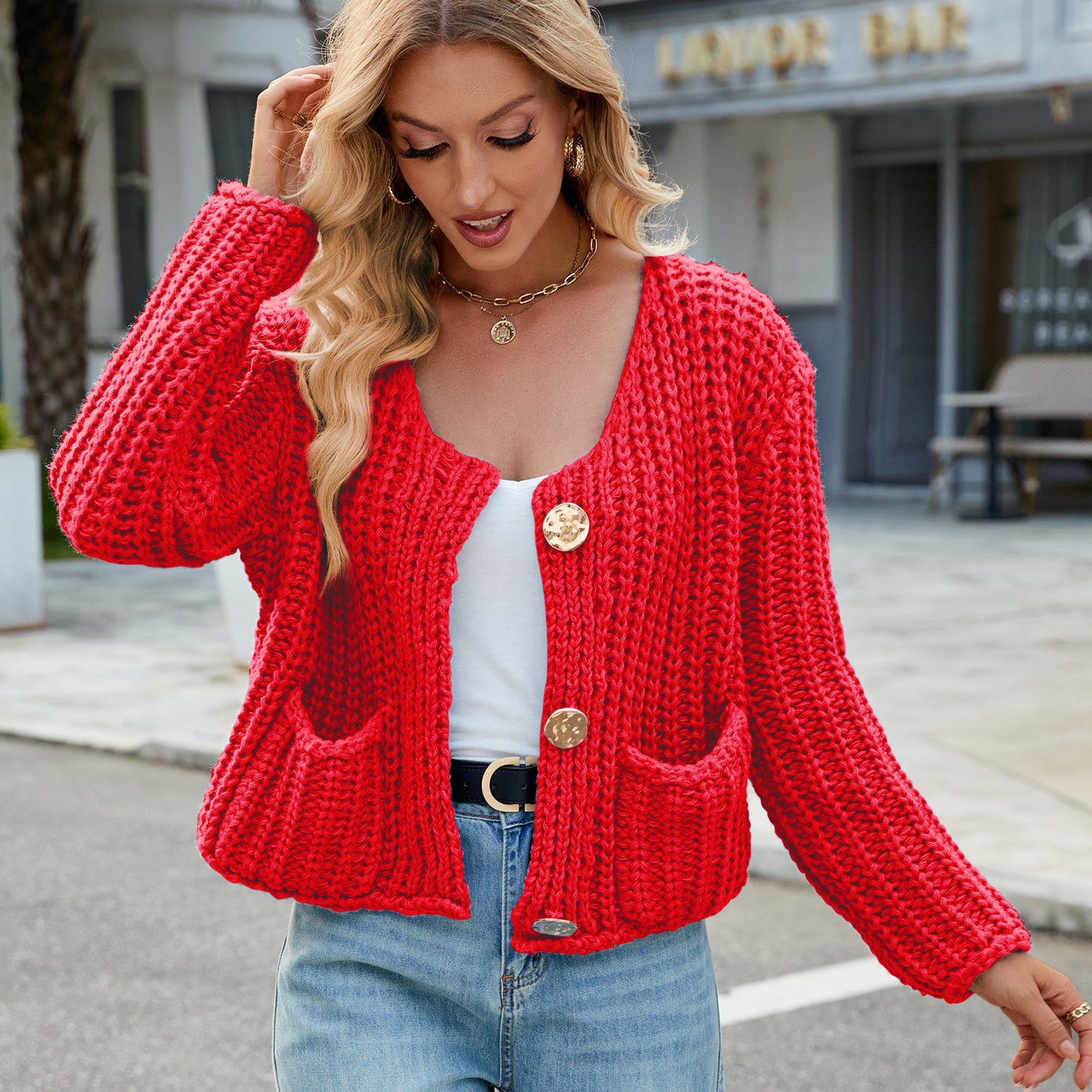 Chunky Knit Cardigan - Short Women's Knitwear with Gold Buttons