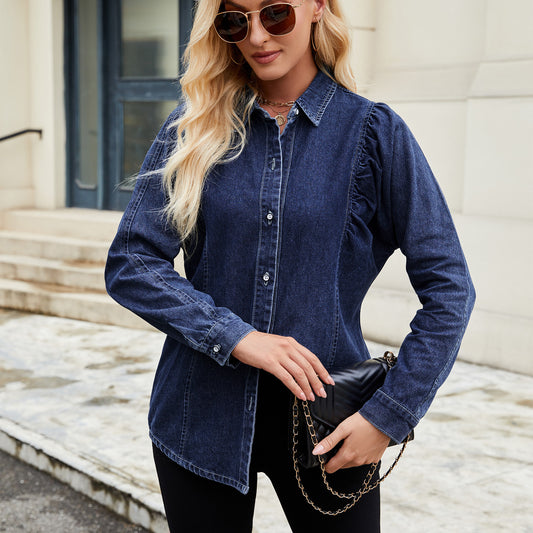 Puff-Sleeve Denim Shirt - Women's Vintage Long-Sleeve Outerwear