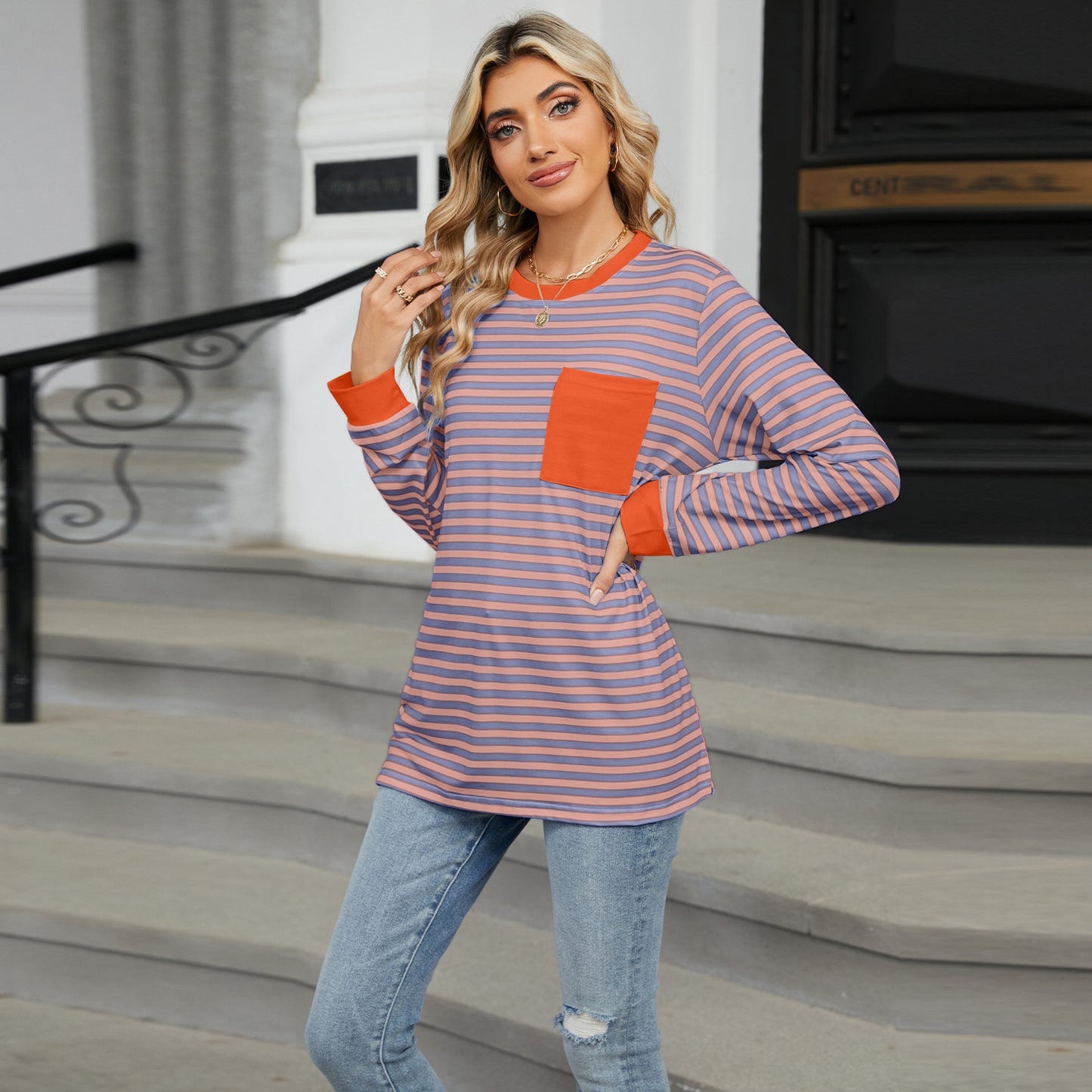 Striped Color-Block Pocket Long-Sleeve Top - Multi-Color Casual Women's T-Shirt