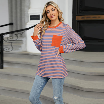 Striped Color-Block Pocket Long-Sleeve Top - Multi-Color Casual Women's T-Shirt