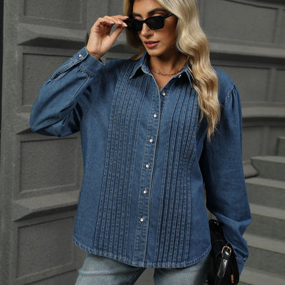 Vintage Pleated Denim Shirt - Women's Loose Long-Sleeve Outerwear