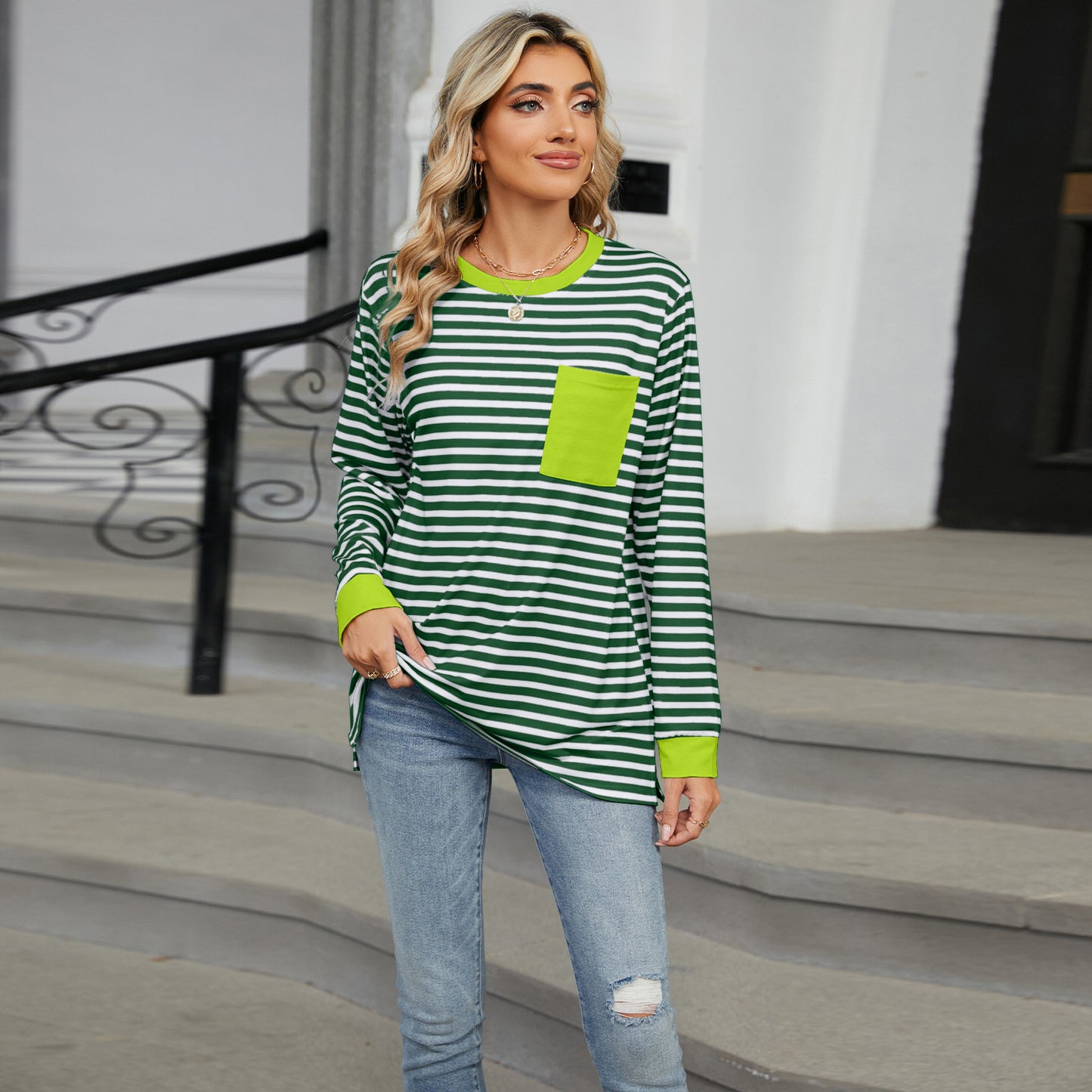Striped Color-Block Pocket Long-Sleeve Top - Multi-Color Casual Women's T-Shirt