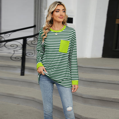 Striped Color-Block Pocket Long-Sleeve Top - Multi-Color Casual Women's T-Shirt