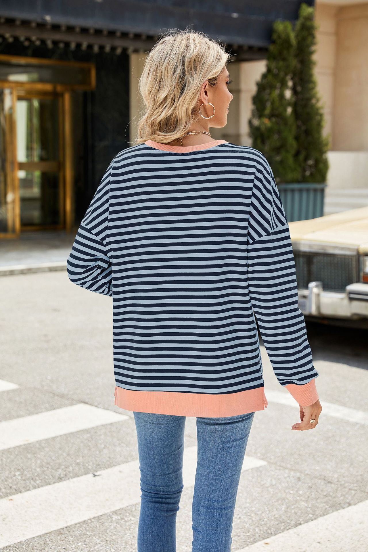 Striped Color-Block Slit Long-Sleeve Top - Multi-Color Casual Women's T-Shirt