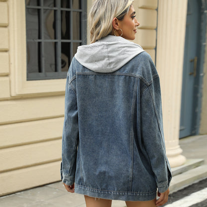 Detachable Hooded Denim Jacket - Women's Loose Casual Outerwear