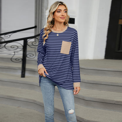 Striped Color-Block Pocket Long-Sleeve Top - Multi-Color Casual Women's T-Shirt