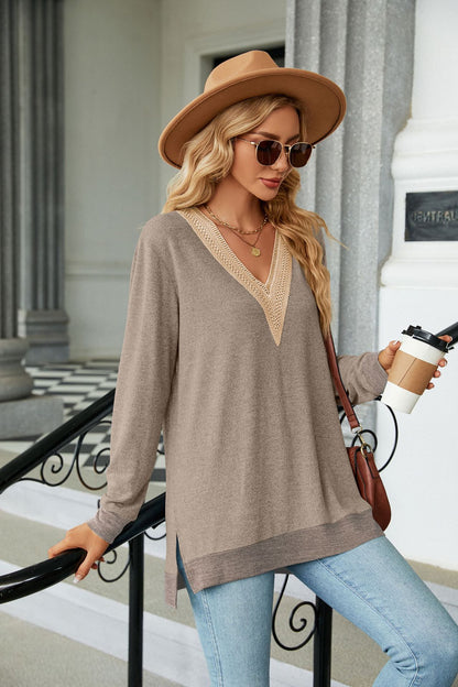 Lace-Embellished V-Neck Top - Multi-Colored Long-Sleeve Women's T-Shirt