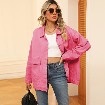 Square-Pocket Cargo Denim Jacket - Loose Women's Outerwear
