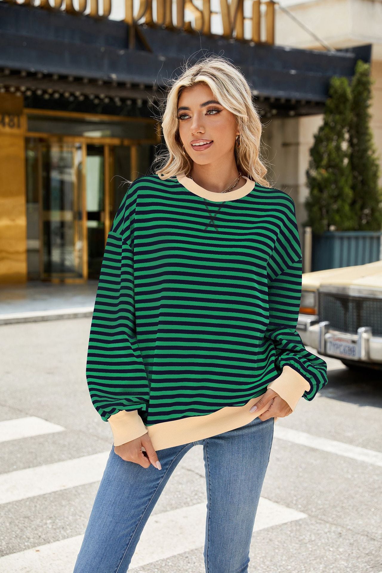 Striped Color-Block Long-Sleeve Top - Multi-Color Casual Women's T-Shirt