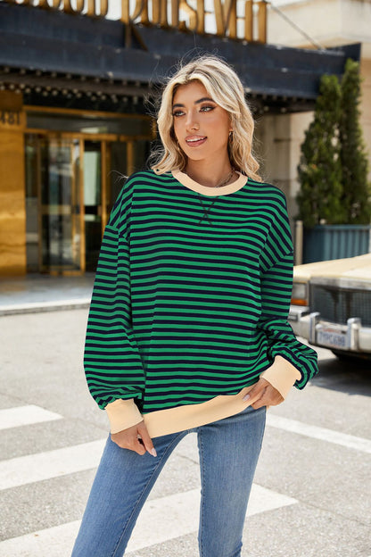Striped Color-Block Long-Sleeve Top - Multi-Color Casual Women's T-Shirt