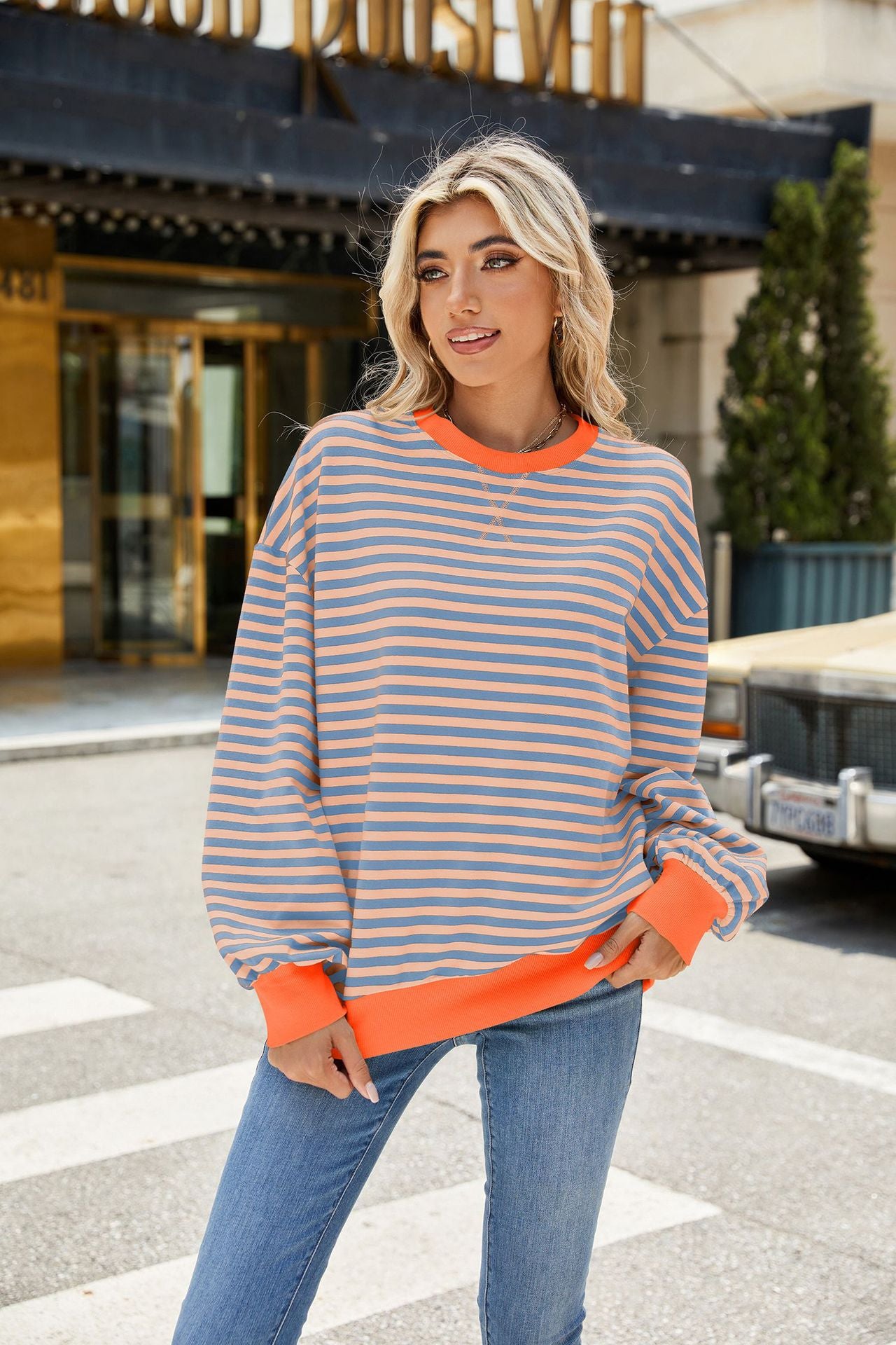 Striped Color-Block Long-Sleeve Top - Multi-Color Casual Women's T-Shirt