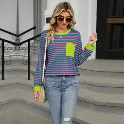 Striped Color-Block Pocket Long-Sleeve Top - Multi-Color Casual Women's T-Shirt