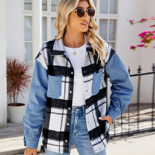 Plaid Patchwork Denim Shirt - Women's Loose Long-Sleeve Outerwear