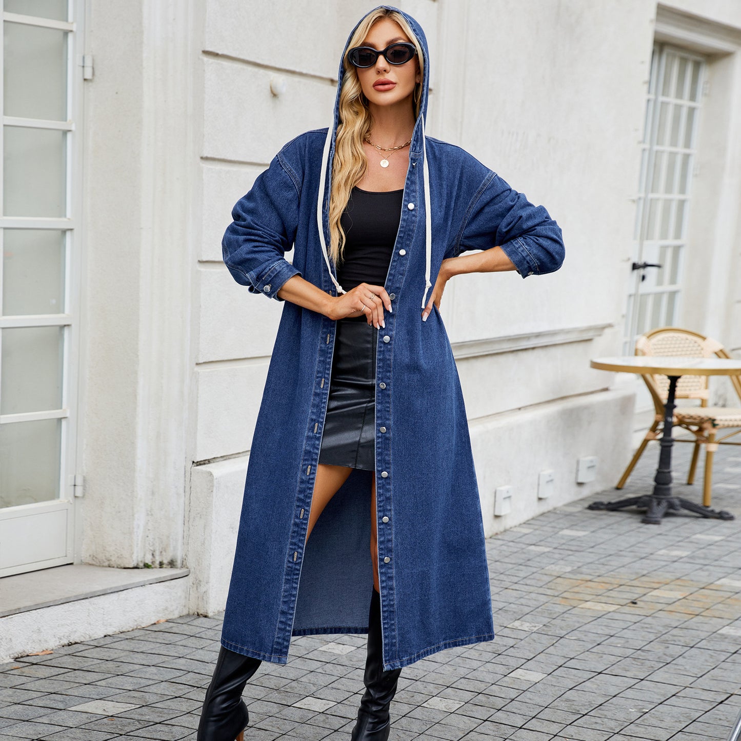 Hooded Long Denim Outerwear - Women's Trench-Style Jacket