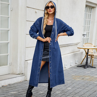 Hooded Long Denim Outerwear - Women's Trench-Style Jacket