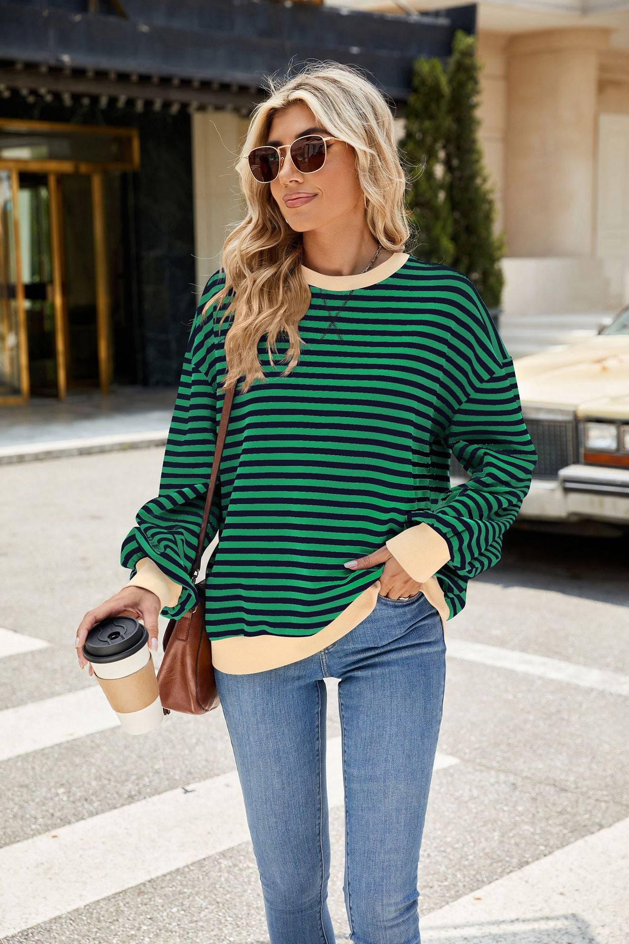 Striped Color-Block Long-Sleeve Top - Multi-Color Casual Women's T-Shirt