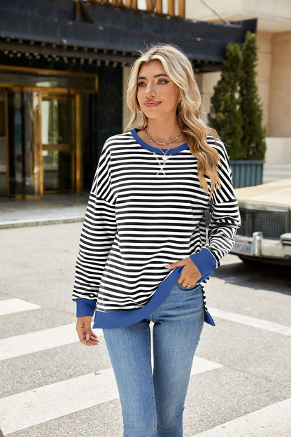 Striped Color-Block Slit Long-Sleeve Top - Multi-Color Casual Women's T-Shirt