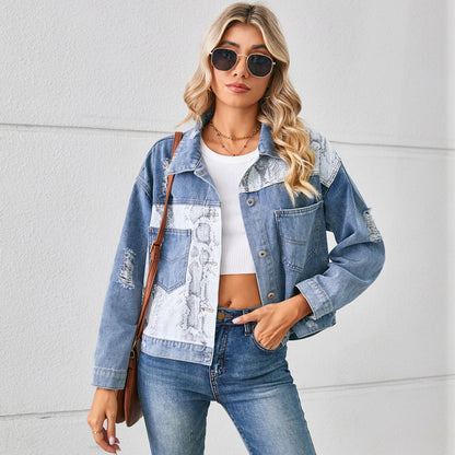 Animal Print Patchwork Denim Jacket - Women's Printed Short Outerwear