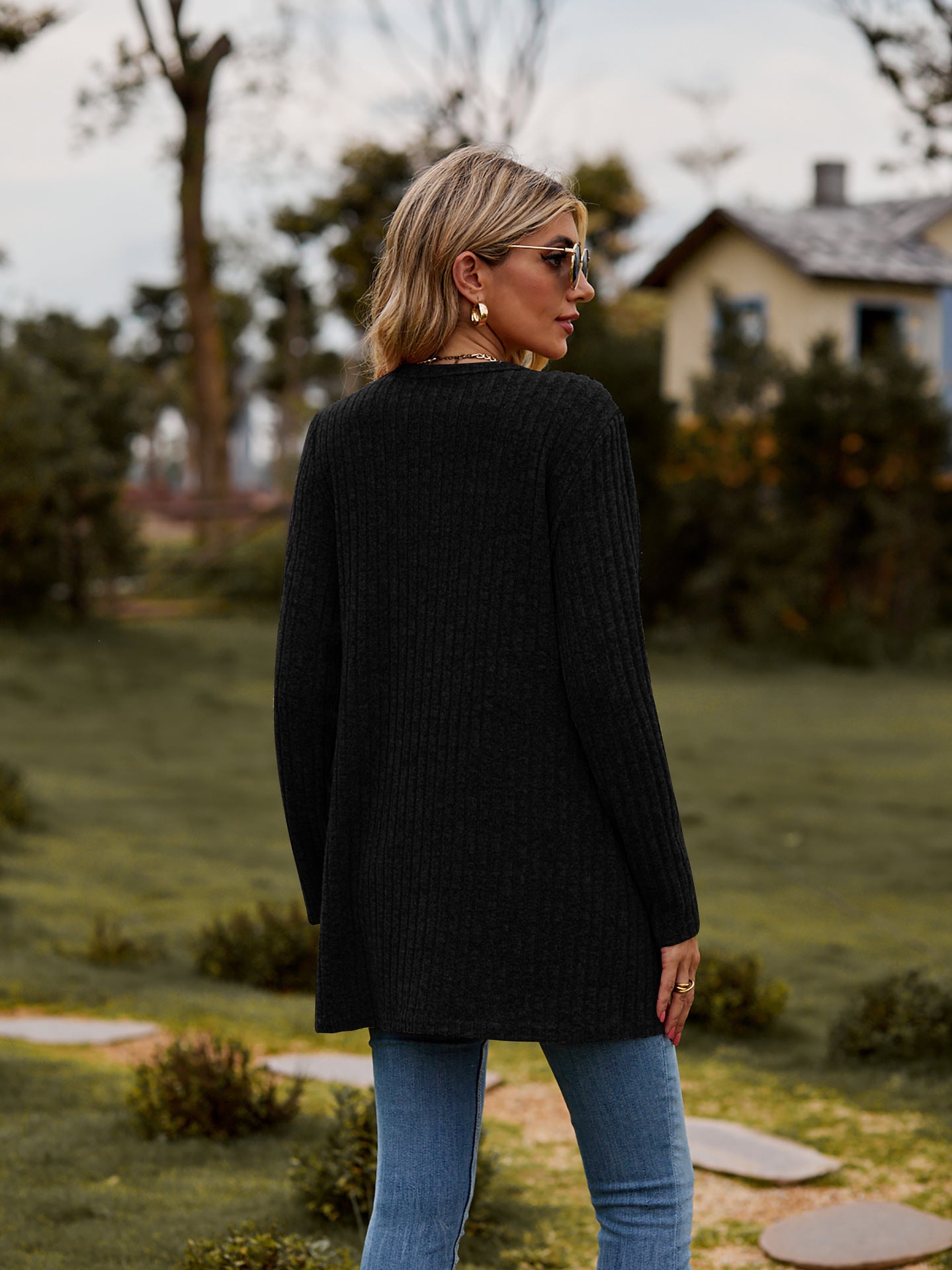 Rib - Knit Cardigan - Multi - Color Long Women's Knitwear