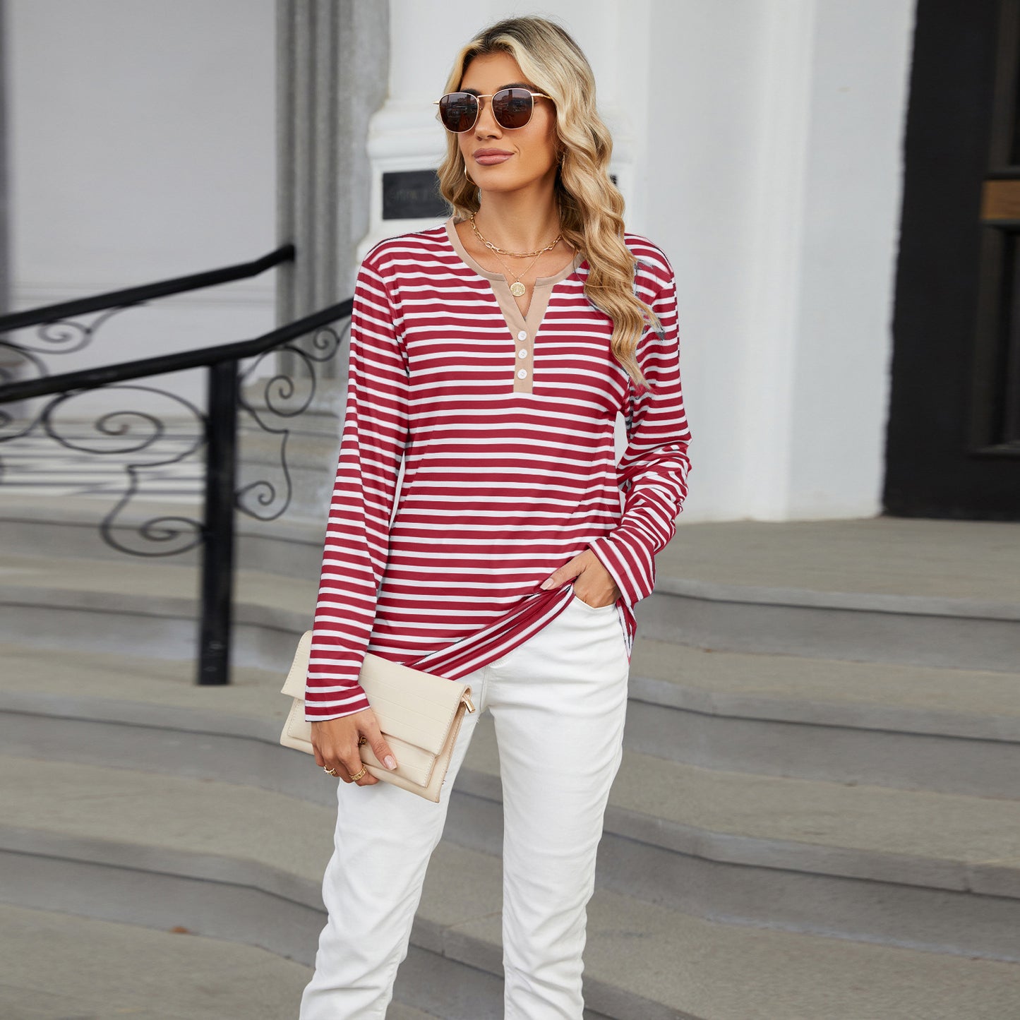 Striped Color-Block V-Neck Long-Sleeve Top - Multi-Color Button Women's T-Shirt
