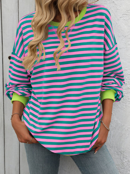 Striped Color-Block Sweatshirt - Multi-Color Loose-Fit Women's T - Shirt