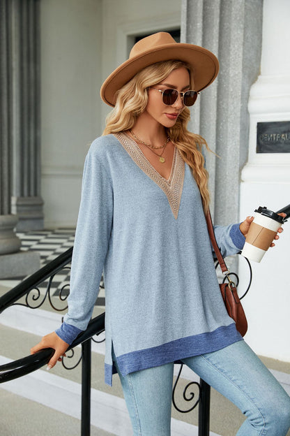 Lace-Embellished V-Neck Top - Multi-Colored Long-Sleeve Women's T-Shirt