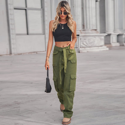 Belted Multi-Pocket Cargo Pant - Women's Loose Straight-Leg Trousers