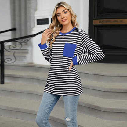 Striped Color-Block Pocket Long-Sleeve Top - Multi-Color Casual Women's T-Shirt