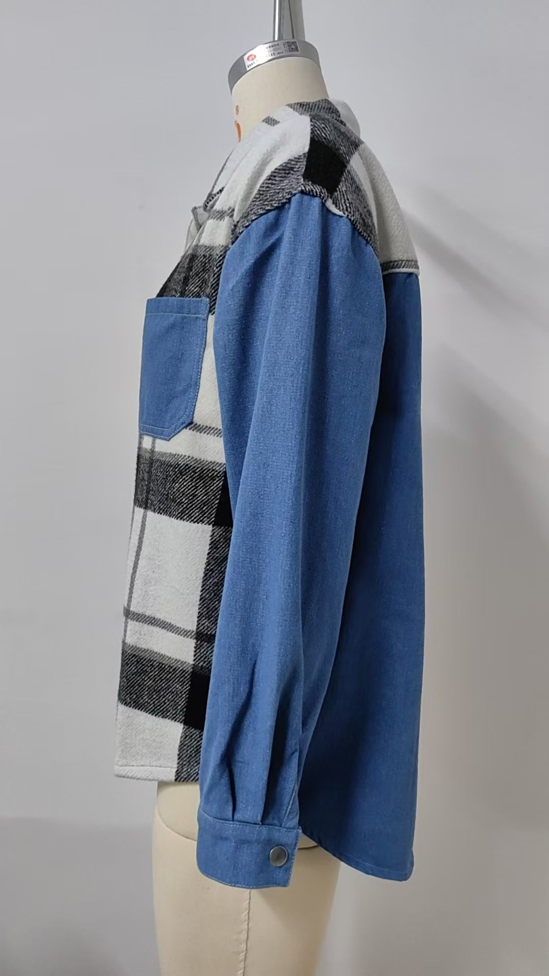 Plaid Patchwork Denim Shirt - Women's Loose Long-Sleeve Outerwear