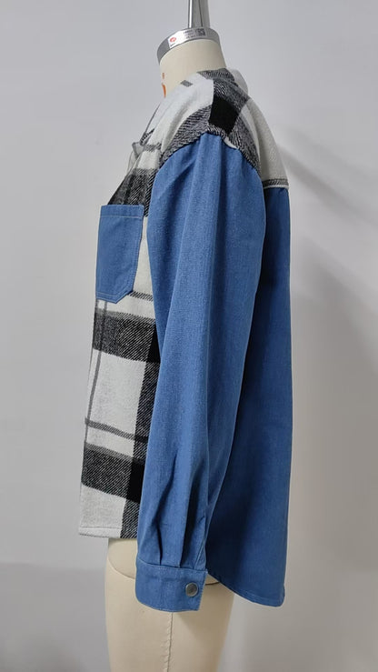 Plaid Patchwork Denim Shirt - Women's Loose Long-Sleeve Outerwear