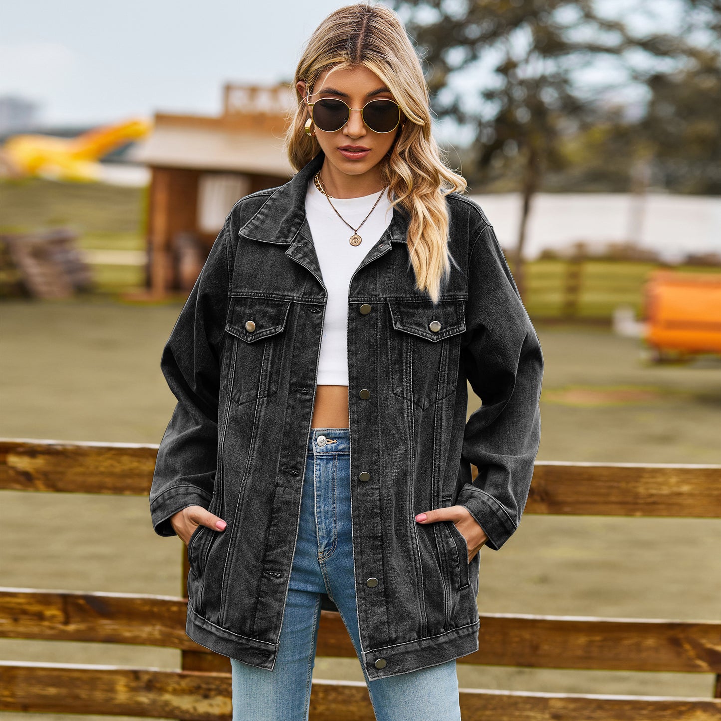 Retro Vertical - Striped Denim Jacket - Loose - Fit Women's Outerwear