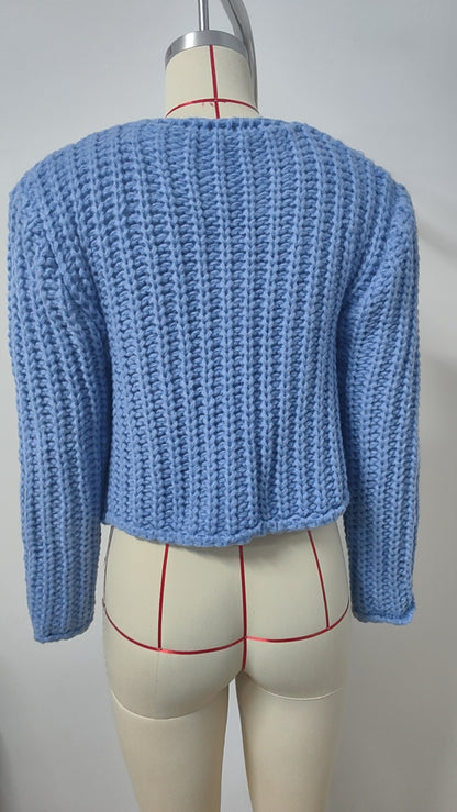 Chunky Knit Cardigan - Short Women's Knitwear with Gold Buttons